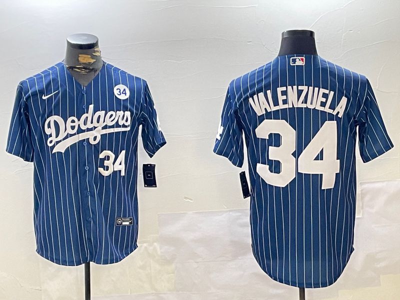 Men Los Angeles Dodgers 34 Valenzuela Blue Stripe Game 2024 Nike MLB Jersey style 11204